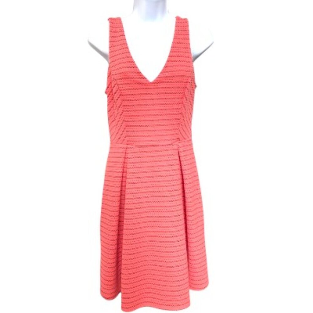 Aqua V-Neck V-Back sleeveless Coral with Black Design Pleated Dress  Sz M #03
